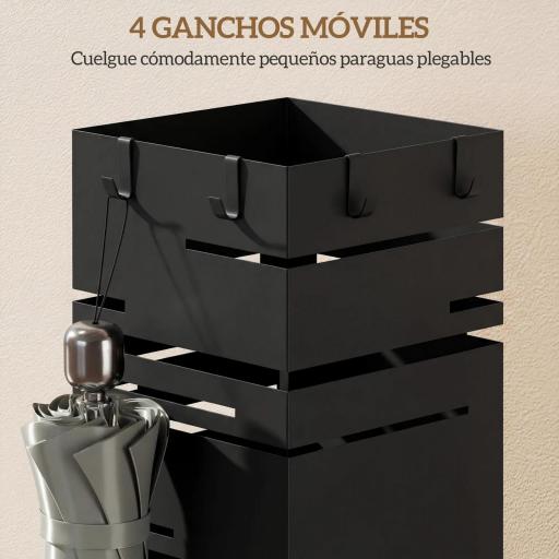 Paragüero Metálico con Bandeja de Goteo y 4 Ganchos, 15,5x15,5x49 cm, Negro [5]