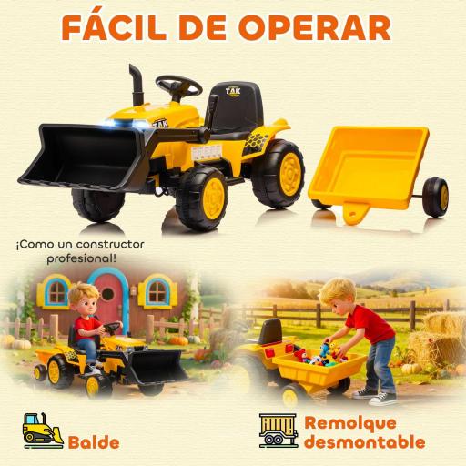 Tractor Eléctrico para Niños con Remolque Desmontable y Pala Batería 12V Motor Doble Control Remoto 2,4G Luces Música [2]