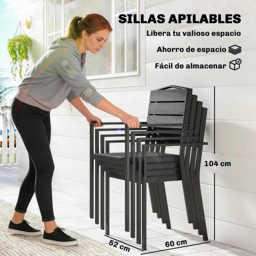 Juego de 4 Sillas de Jardín Exterior Apilables con Reposabrazos Respaldo y Asiento Marco Metálico 52x51x90 cm Negro [2]