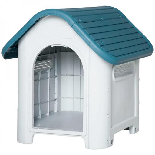 Caseta para Perros Mini para Uso Interior y Exterior con respiraderos Estilo Cabaña Resistente 59x75x66 cm Azul y Gris [9]
