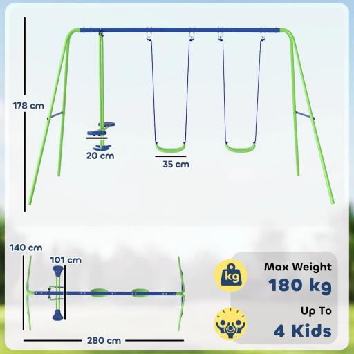 Juego de Columpios de Jardín de Metal con Altura Ajustable 2 Columpios y Balancín 280x140x178 cm Verde y Azul [1]