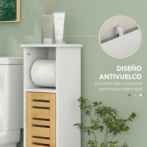 Mueble Auxiliar de Baño con Portarrollos de Papel Estantes Ajustable y Puerta de Bambú 21x17x78 cm Blanco y Natural [5]