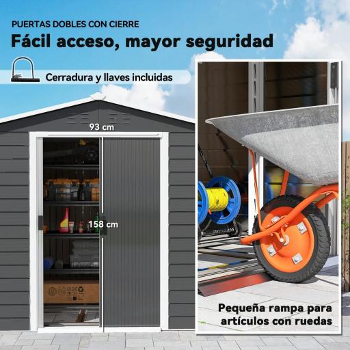 Cobertizo de Jardín Exterior 4,4 m² 240x206x198 cm con Base Puerta Corredera y Cerradura 4 Ventanas para Patio Gris [3]