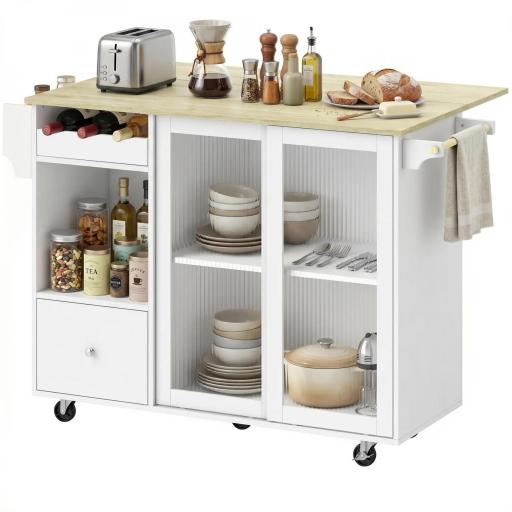 Isla de Cocina con Encimera Abatible Ruedas Puertas Correderas de Vidrio Botellero Cajón Especiero Estante Ajustable [9]