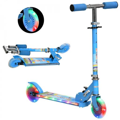Patinete Infantil Plegable con Luces Música Altura Ajustable Ruedas Brillantes Pedal LED Carga 50kg 67x32x65-78 cm Azul [9]