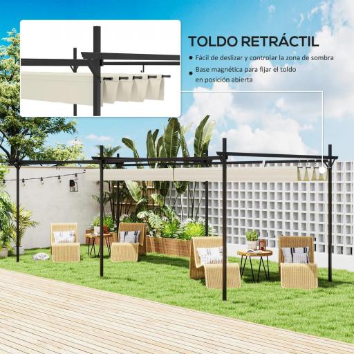 Pérgola con Techo Retráctil 6x3 m Cenador con Tela de Poliéster Anti-UV Resistente al Agua Crema [2]