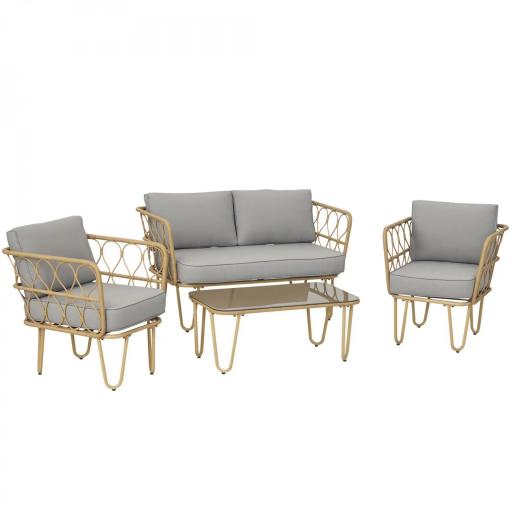 Conjunto de Jardín de Ratán Sintético con Sofá Doble 2 Sillones y Mesa de Centro con Encimera de Cristal y Cojines [9]