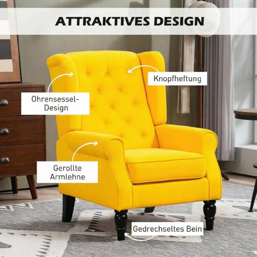 Sillón de Salón con Reposabrazos y Patas de Madera Butaca Carga 160 kg para Dormitorio Oficina 74x86x102 cm Amarillo [2]