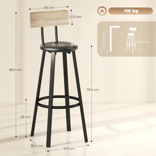 Juego de 2 Taburetes Altos de Cocina con Respaldo y Reposapiés Tapizados de PU Asiento de 75,5 cm Natural y Negro [1]