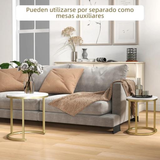 Juego de 2 Mesas de Centro Mesitas Auxiliares Tablero con Efecto Mármol Marco de Acero Dorado [5]
