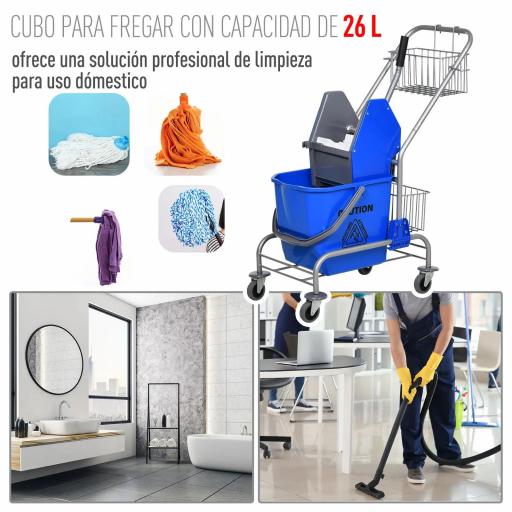 Cubo de Fregona 26 L Cubo Fregado Comercial con Escurridor de Presión Hacia Abajo Ruedas y Cestas de Almacenamiento 73x45x95 cm Azul [5]