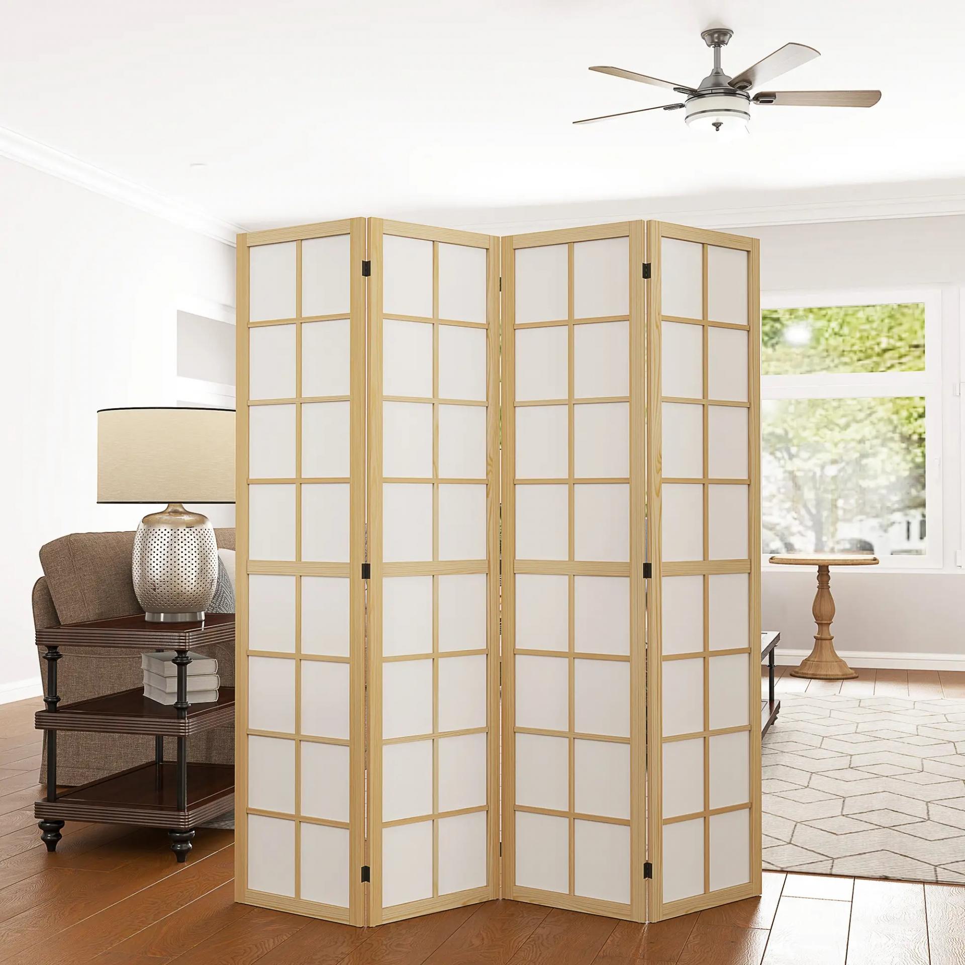 Biombo de 4 Paneles Plegable con Marco de Madera 160x170 cm para Dormitorio Oficina Salón Natural