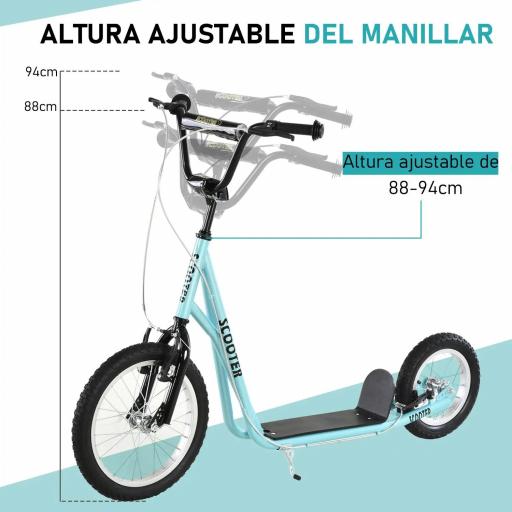 Scooter Patinete para Niños Mayores de 5 Años con 2 Neumáticos de Caucho Inflable con Doble Freno Manillar Ajustable en Altura Soporte 100 kg 135x58x88-94 cm Azul [3]