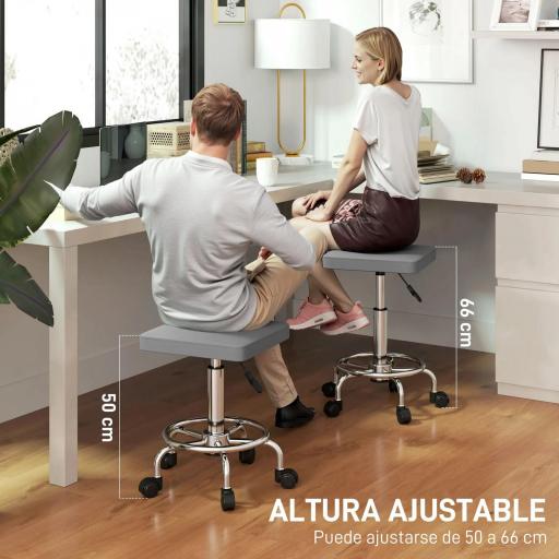 Taburete Giratorio Ajustable Con Asiento Acolchado Reposapiés y Ruedas para Salones y Talleres 34x34x50-66 cm Gris [3]