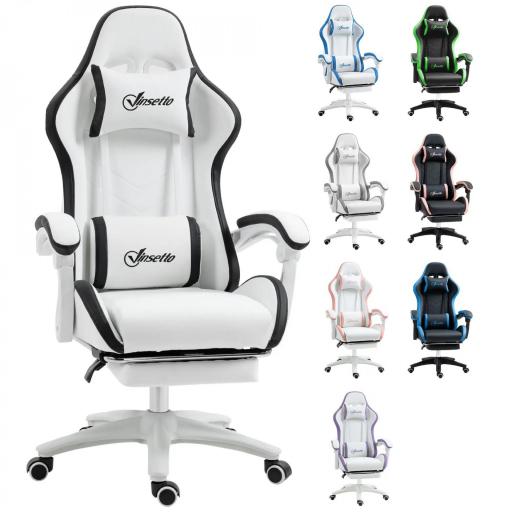 Silla Gaming Silla Gamer de Cuero PU Altura Ajustable Reclinable 135° Reposacabezas y Reposapiés 65x65x121-129 cm Blanco [8]