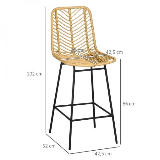 Taburetes Altos de Cocina Juego de 2 con Asiento de Ratán Sintético Taburetes de Bar con Patas de Acero 42,5x52x102 cm Natural [1]