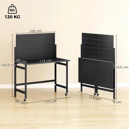 Banco de Trabajo con Tablero Perforado Mesa de Trabajo Plegable con Ruedas Marco de Acero Ganchos Negro [1]