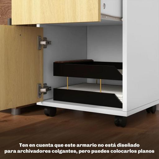 Cajonera de Oficina Móvil con Cajón y Armario con Ruedas Soporte de Impresora para Estudio 40x35x60 cm Blanco y Natural [4]