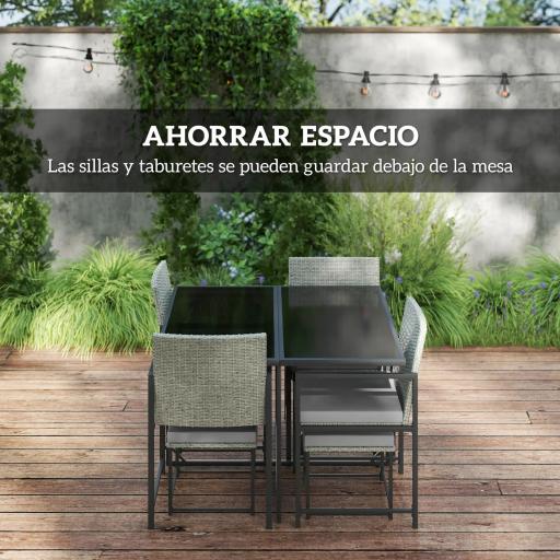 Conjunto de Jardín Exterior de 9 Piezas de Ratán Sintético con Mesa de Vidrio 4 Sillas y 4 Taburetes con Cojines Gris [3]