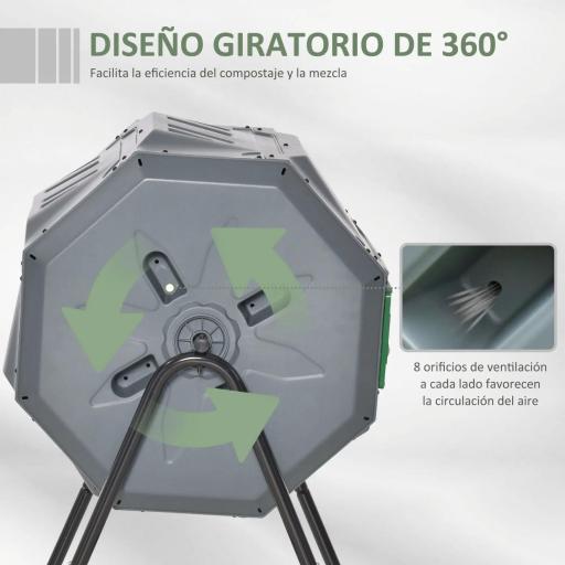 Compostador de Tambor Giratorio con Capacidad 160 Litros de Doble Cámara y Ventilación Marco de Acero 71x65x96cm Gris [2]