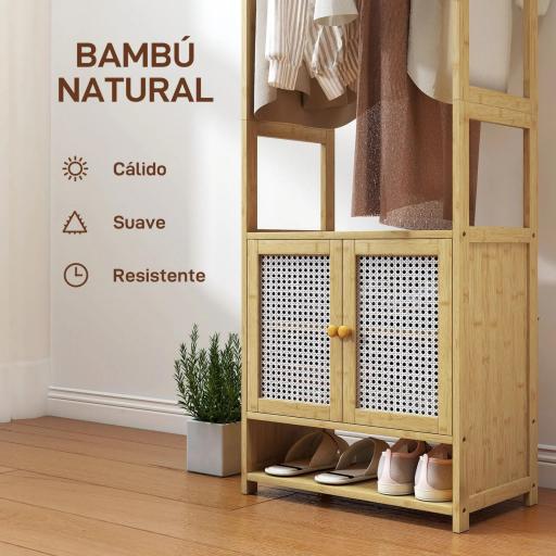 Perchero de Bambú con Armario Zapatero Barra para Colgar Estante Ajustable para Entrada Pasillo 53x31x168 cm Natural [5]
