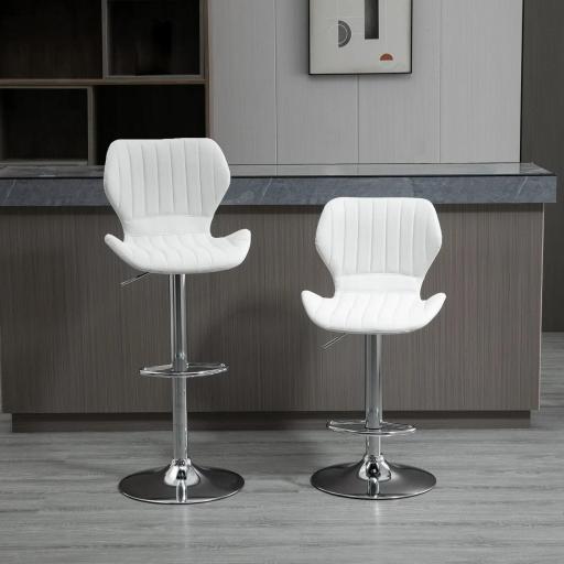 Juego de 2 Taburetes Altos de Cocina y Giratorio Taburetes Altos de Cuero Sintético con Respaldo y Estructura de Metal 47x51,5x92-114 cm Blanco [2]