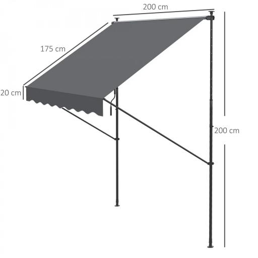Toldo Manual Retráctil 200x175x210-310 cm Ajustable con Manivela Protección Solar UV40+ para Balcón Terraza Gris [1]