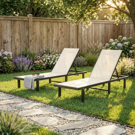 Conjunto de 2 Tumbonas Reclinables con Ruedas Respaldo Ajustable 4 Niveles Estructura de Aluminio Tela Textilene Beige [1]