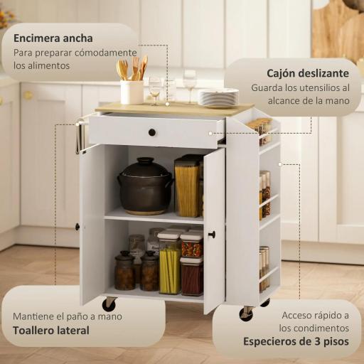 Isla de Cocina con 2 Puertas Cajón Especiero de 3 Niveles Toallero y Estante Ajustable 82x38x86,5 cm Blanco [2]