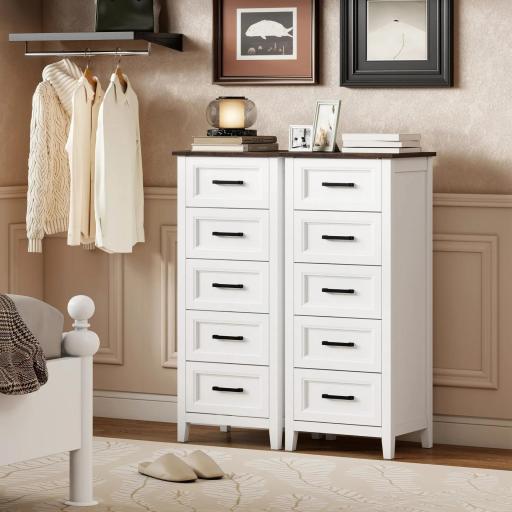 Cómoda Dormitorio Estrecho y Alto con Encimera Efecto Madera Cajonera para Espacios Pequeños 45x35x106 cm Blanco [7]