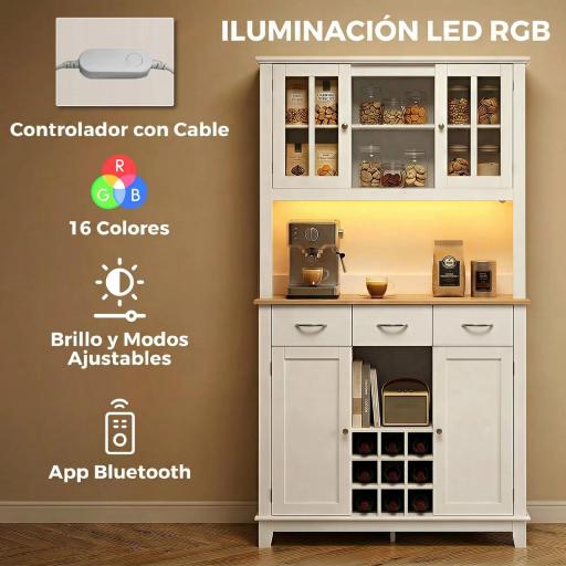 Alacena de Cocina con Iluminación LED Control por APP Encimera para Microondas Botellero Puertas de Vidrio Blanco [2]