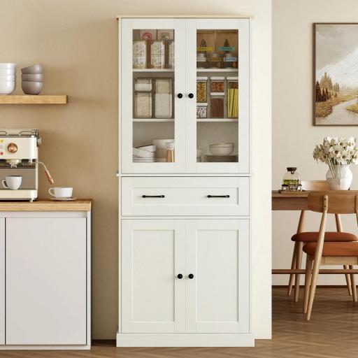 Mueble Auxiliar de Cocina con 2 Puertas de Acrílico Cajón Grande Estantes Ajustables 76x40x182,5 cm Crema [3]