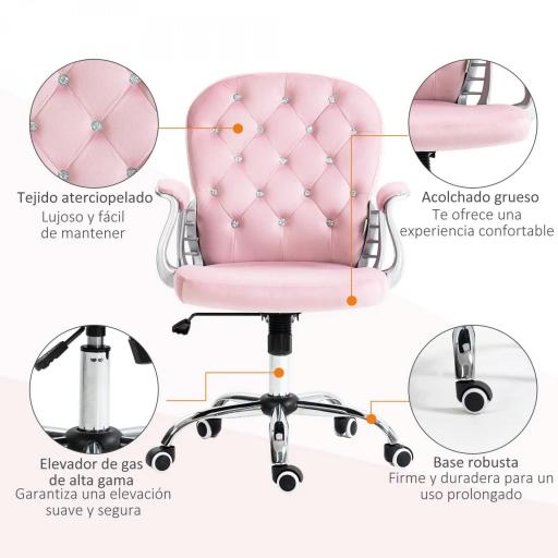 Silla de Escritorio de Terciopelo con Altura Ajustable Reposabrazos y Decoraciones de Diamantes 59,5x60,5x93-103 cm Rosa [2]