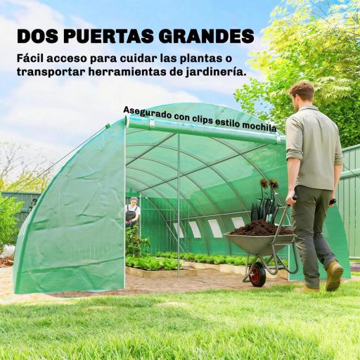 Invernadero de Túnel con 2 Varillas de Soporte 2 Puertas Enrollables y Ventanas de Malla Cubierta de PE Anti-UV Verde [6]