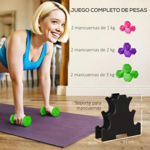 Set de Mancuernas Hexagonal 2 x1kg 2 x2kg 2 x3kg con Soporte de Almacenamiento para Entrenamiento en Casa Multicolor [2]