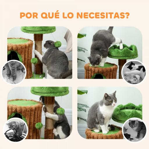 Árbol Rascador para Gatos 53 cm Diseño de Tronco con Casita Cama Poste de Yute Bolas Marrón y Verde [5]