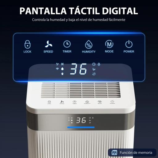 Deshumidificador 12L/día Silencioso con 3 Modos Pantalla LED Temporizado 24H Bloqueo Infantil y Drenaje Continuo Blanco [3]