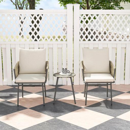 Conjunto de Muebles de Jardín de Ratán Sintético con 2 Sillas con Cojines Extraíbles y Mesa con Tablero de Metal Gris [7]