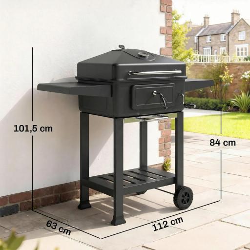 Barbacoa de Carbón con Bandeja y Ventilación Ajustable Estantes Laterales Ruedas Termómetro Tapa y Puerta [1]