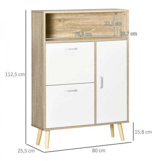 Mueble Zapatero para 8 Pares de Calzado con 2 Cajones Abatibles Armario y Balda 80x25,5x112,5 cm Natural y Blanco [1]