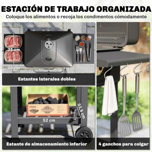 Barbacoa de Carbón con Bandeja y Ventilación Ajustable Estantes Laterales Ruedas Termómetro Tapa y Puerta [7]