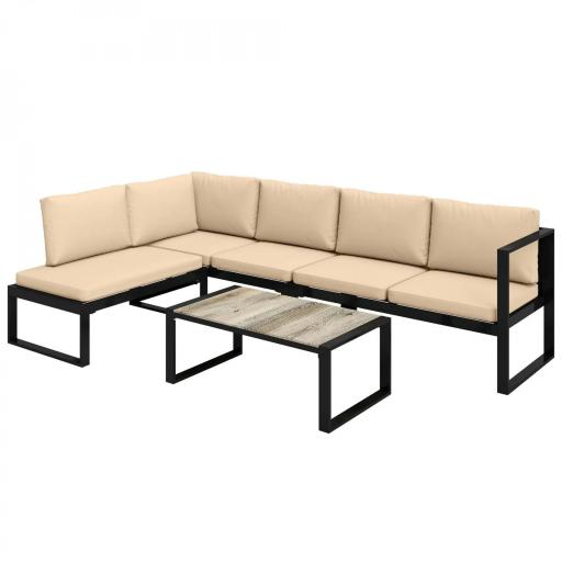 Conjunto de Jardín Exterior de 4 Piezas con 2 Sofás de 2 Plazas 1 Sillón sin Brazos y Mesa de Centro con Cojines Caqui [8]
