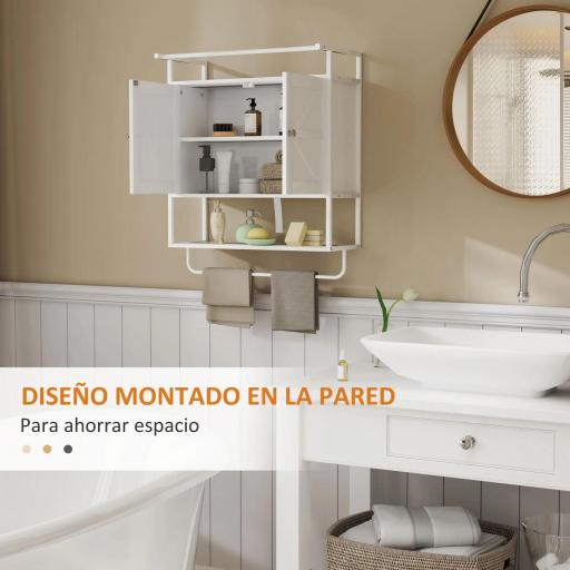 Armario de Pared para Baño Mueble de Baño Suspendido con 2 Puertas Estante Toallero 63x34x75 cm Blanco [7]