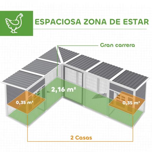 Gallinero de Madera Grande Exterior en L para Esquina con 2 Nidos Corral Bandejas Extraíbles 251x192x103 cm Gris [2]