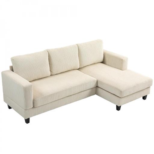 Sofá Chaise Longue de 3 Plazas en Forma de L Tapizado en Pana Asiento y Respaldo Acolchados 214x134x87 cm Beige [10]