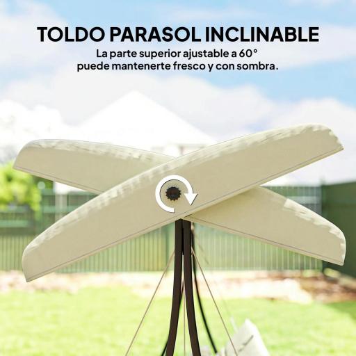 Balancín de Jardín Exterior Columpio de 3 Plazas con Toldo Ajustable y Marco de Acero 202x115x168 cm Beige [3]