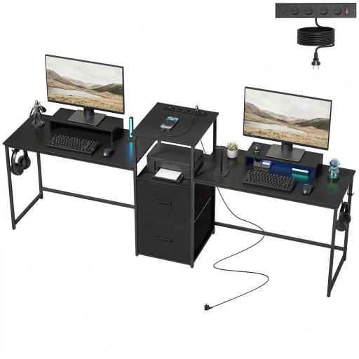 Mesa Gaming Doble de 244 cm con Estación de Carga Puertos USB Soportes para Monitor Cajones de Tela Negro [9]