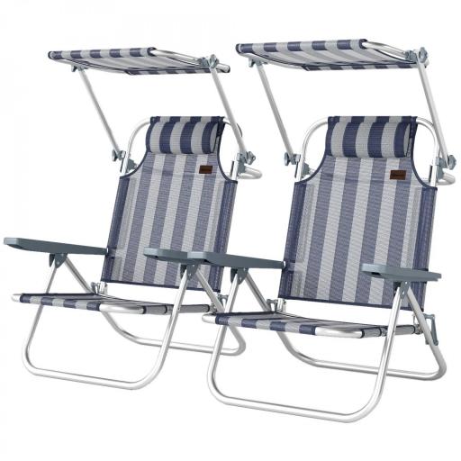 Juego de 2 Sillas de Playa Plegables con Dosel Ajustable Respaldo Reclinable 6 Posiciones Reposacabezas Azul y Blanco [9]