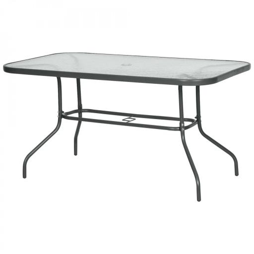 Mesa de Jardín Exterior Rectangular de Metal Bordes Curvos con Orificio para Sombrilla Capacidad 70kg Vidrio Templado 140x80x70 cm Gris Carbón [8]