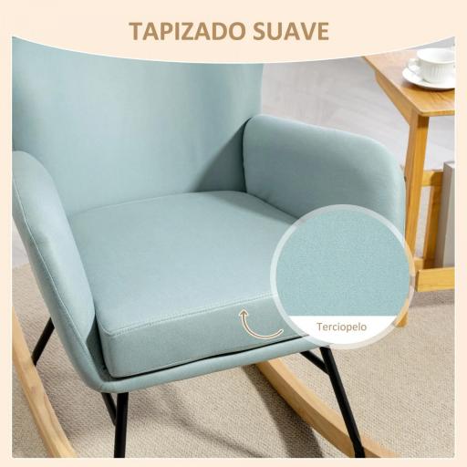 Mecedora Tapizada en Tejido Técnico con Patas de Madera de Haya Respaldo con Diseño Curvo y Reposabrazos Verde Claro [6]